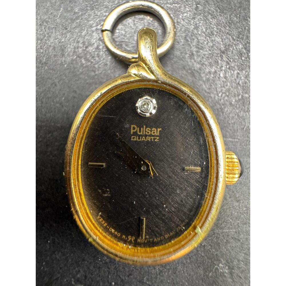 Vintage Pulsar Black Dial Gold Tone Quartz Diamond Accent Watch Oval Pendant